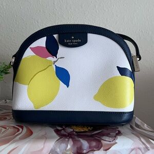 kate spade White Crossbody Bag with Yellow Lemon Print & Navy Trim